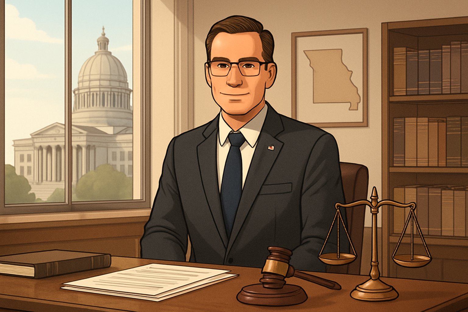 A confident lawyer standing in an office with legal documents and Missouri state capitol visible through the window.