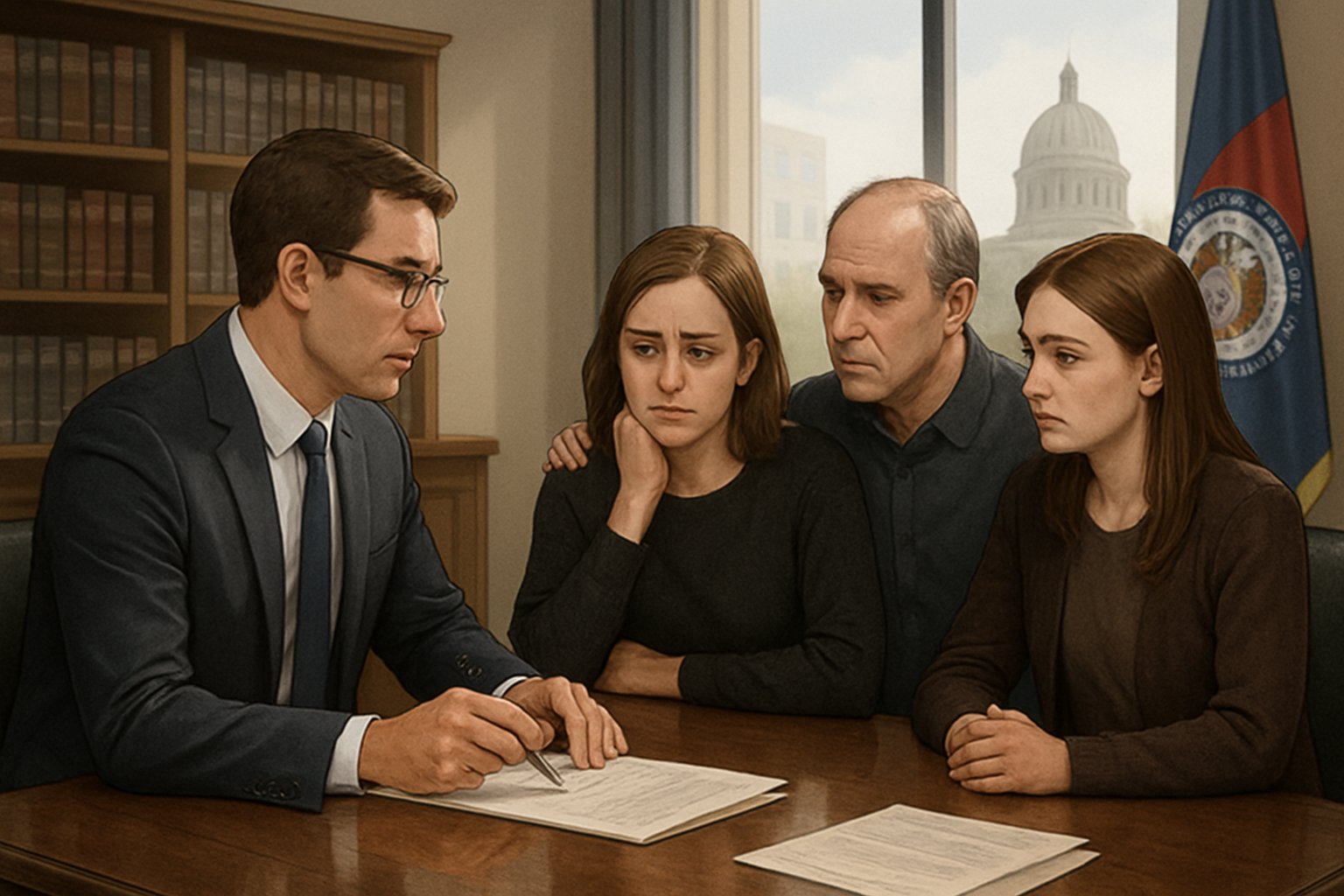 A lawyer in an office talking with a grieving family about legal documents, with a Missouri state flag and capitol building visible in the background.