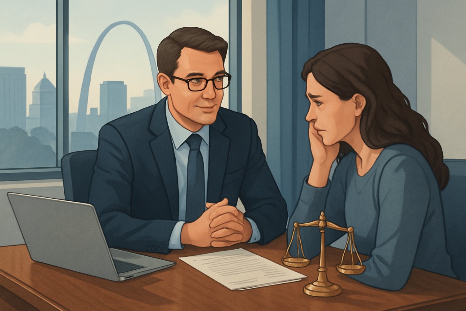 A lawyer in a business suit talking empathetically with a client in an office with a city view in the background.