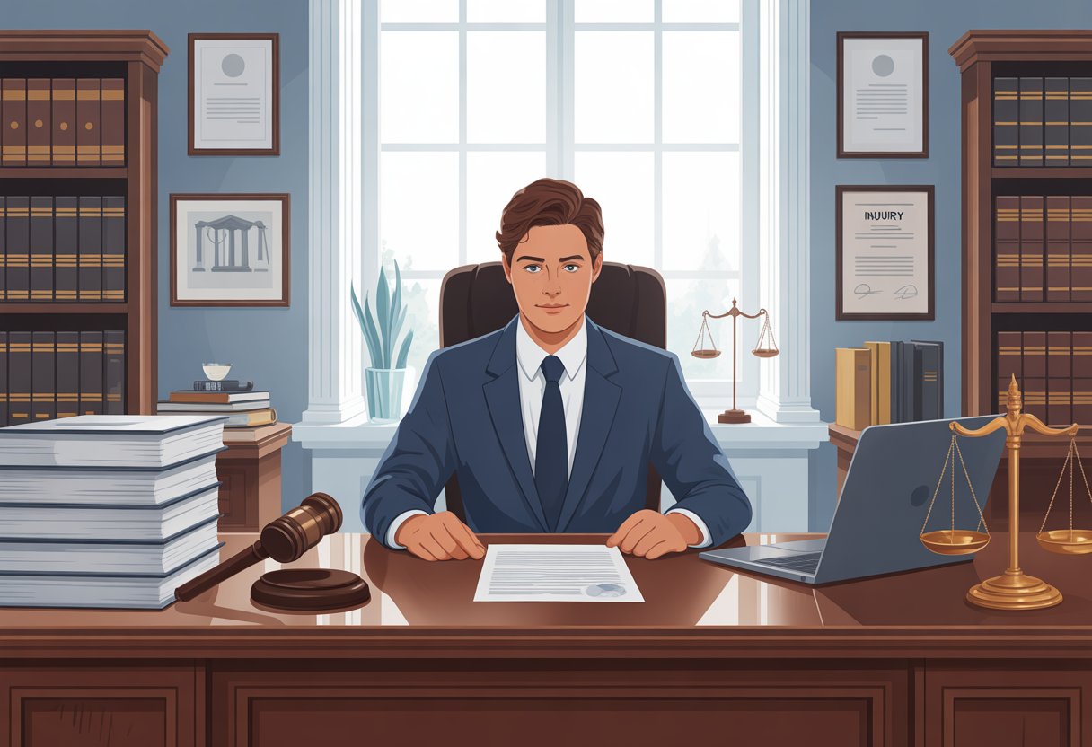 A lawyer sitting at a desk in a legal office reviewing documents with law books and legal symbols in the background.