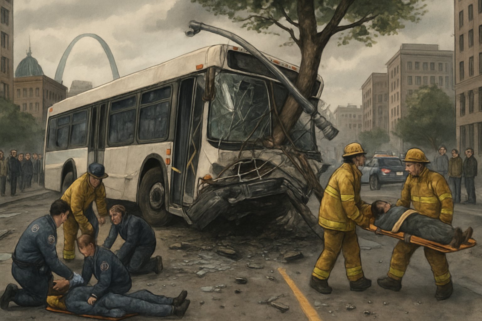 A city bus crashed into a streetlight and tree on a busy street in St. Louis with emergency responders assisting injured passengers and police blocking traffic.