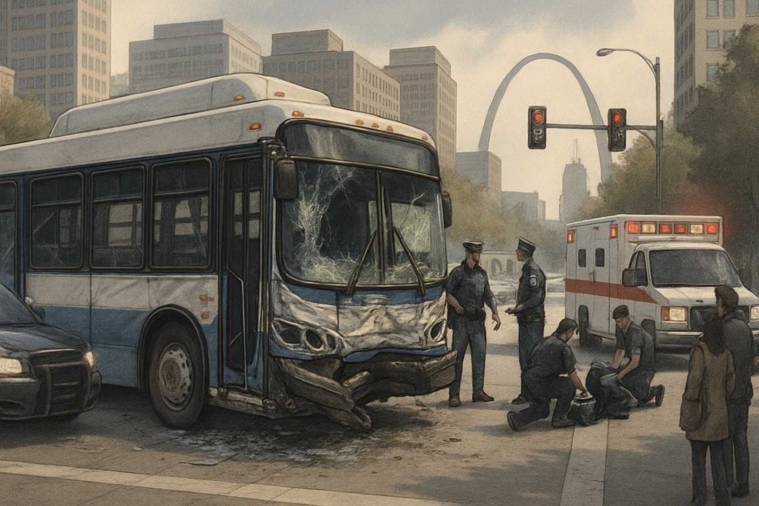 A city bus damaged in an accident with emergency responders and vehicles at the scene near a cityscape including a large arch structure.