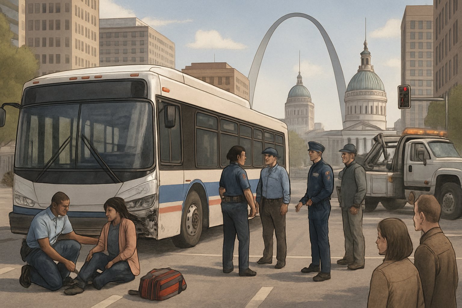 City street scene in St. Louis showing a bus accident with emergency responders and bystanders near the bus, with the Gateway Arch visible in the background.