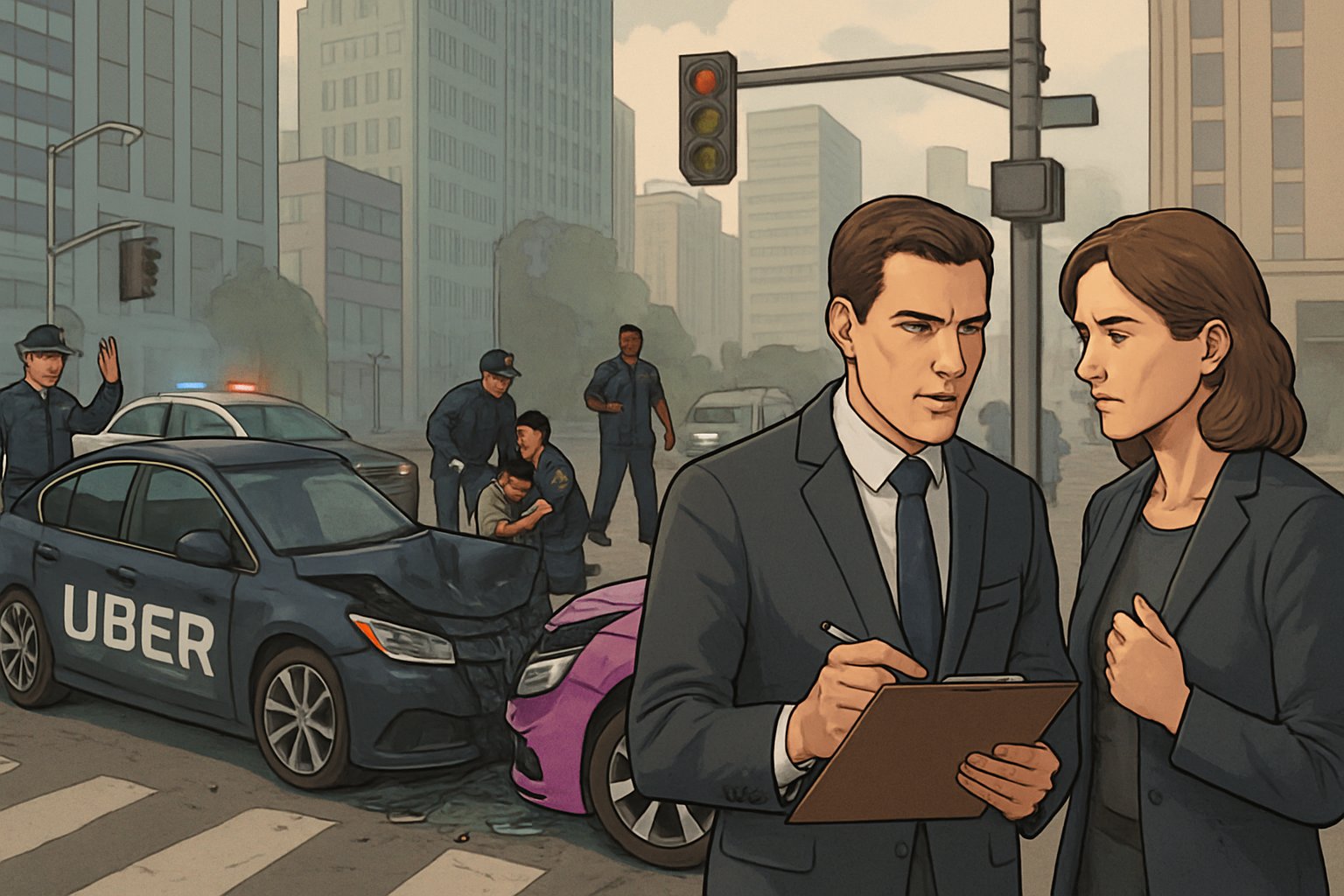 Two damaged rideshare cars involved in an accident at a city intersection with emergency responders and a lawyer talking to a client nearby.