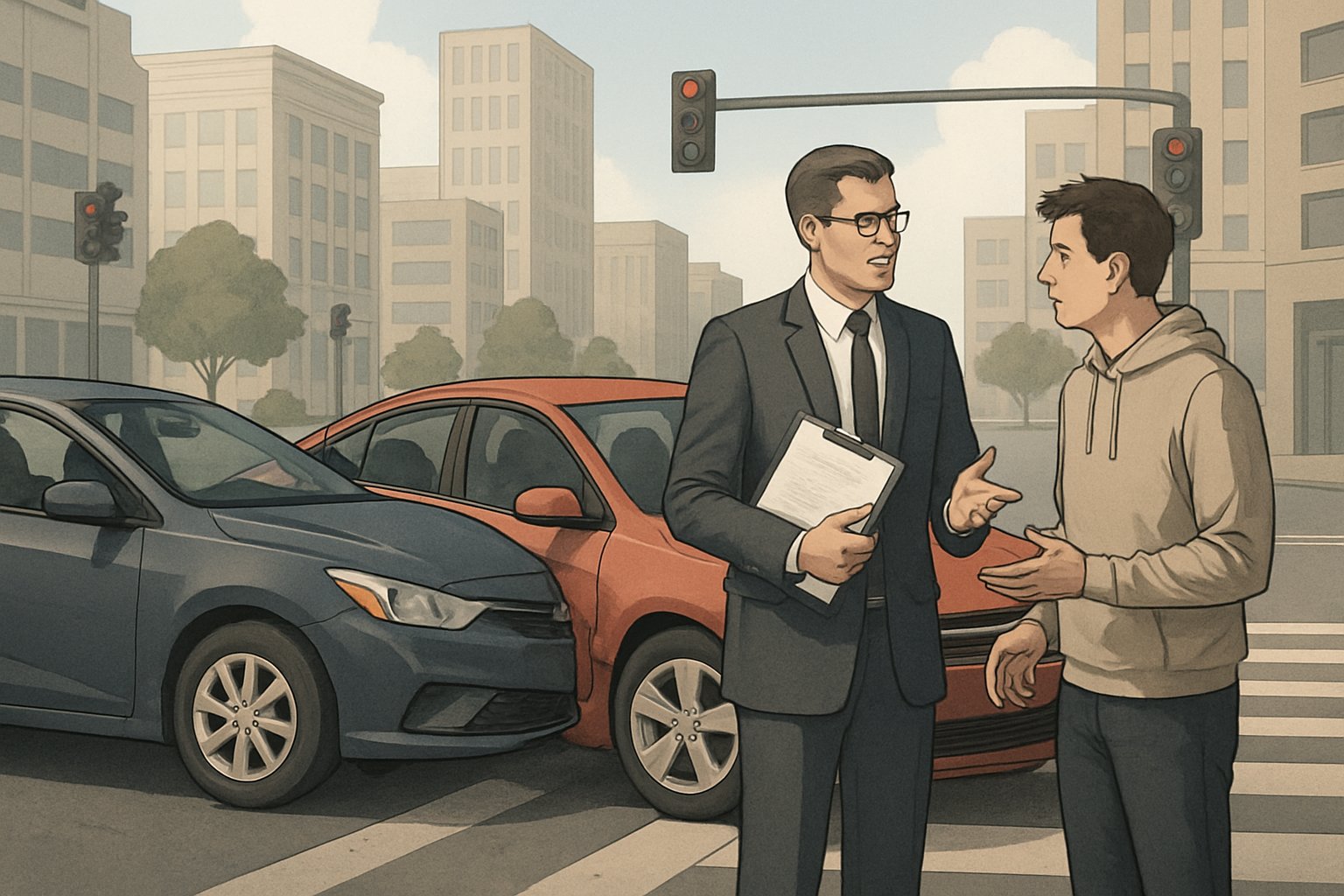 A city street scene showing two ride-share cars in a minor collision with a lawyer talking to a concerned passenger nearby.