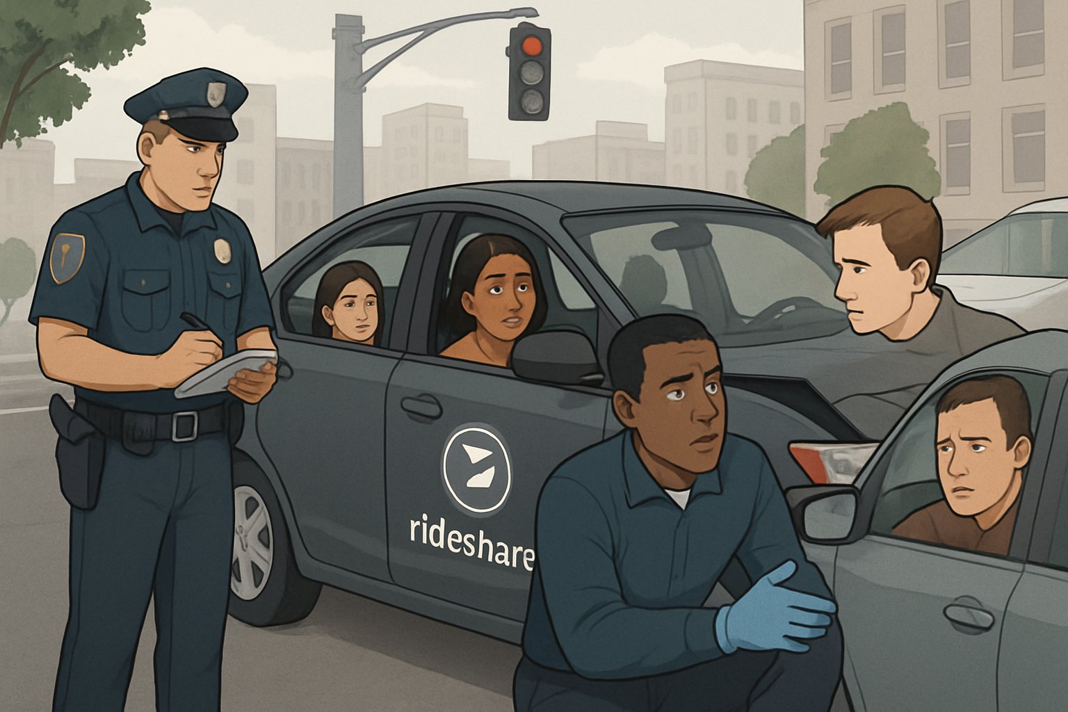 A city street scene showing a rideshare driver, a passenger, another driver, a police officer, and a paramedic at the site of a car accident.