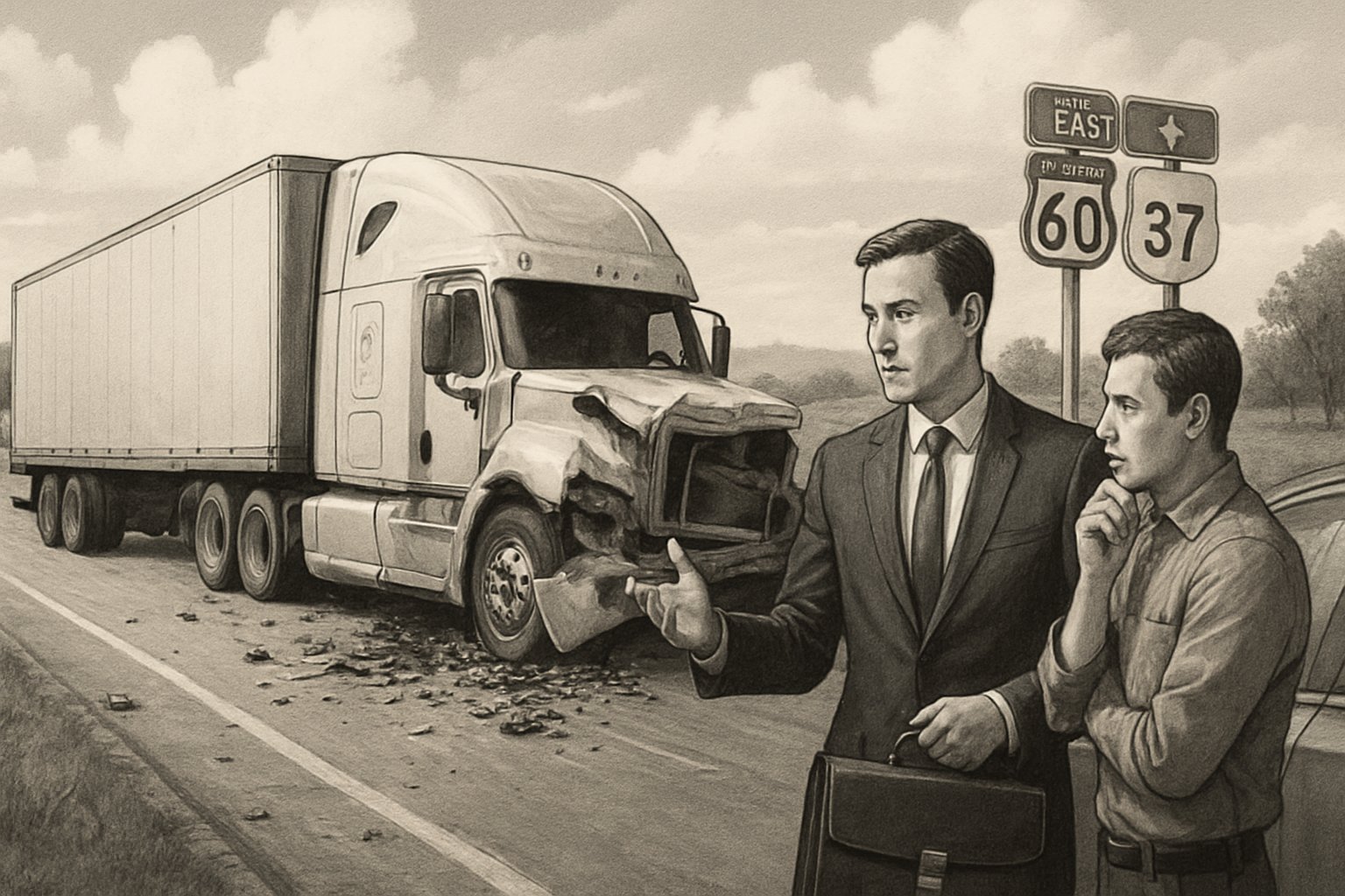 A lawyer talking to a person near a damaged semi-truck on a highway with Missouri road signs and a rural landscape in the background.