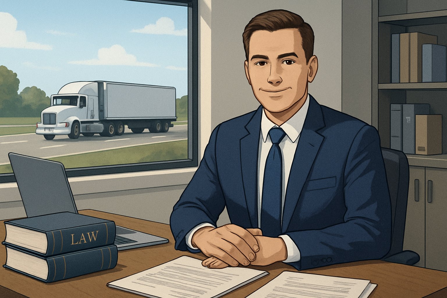 A lawyer sitting at a desk with legal books and a laptop, with a highway and a semi-truck visible through a window behind them.
