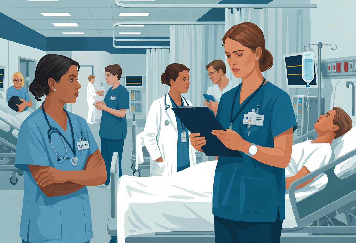 Hospital ward with nurses caring for patients and medical equipment, showing a serious and attentive medical environment.