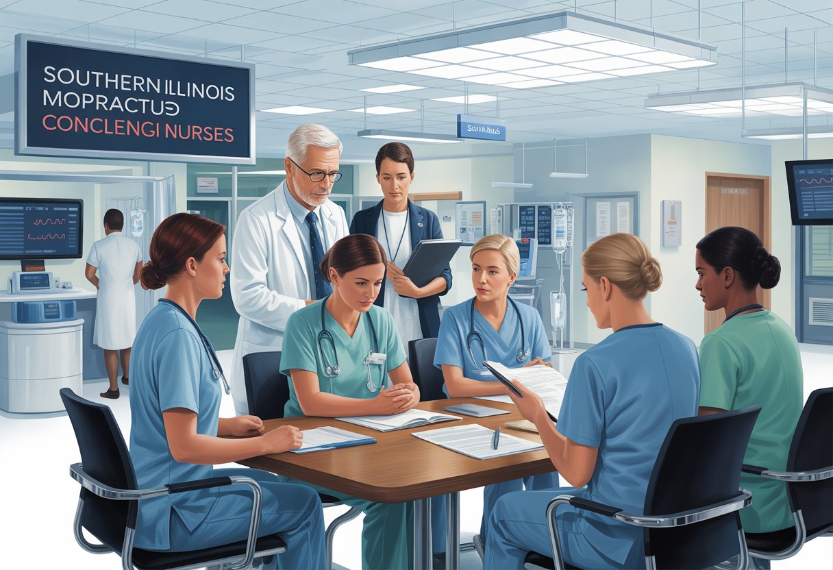 Nurses and medical staff discussing patient charts in a hospital conference room with medical equipment in the background.