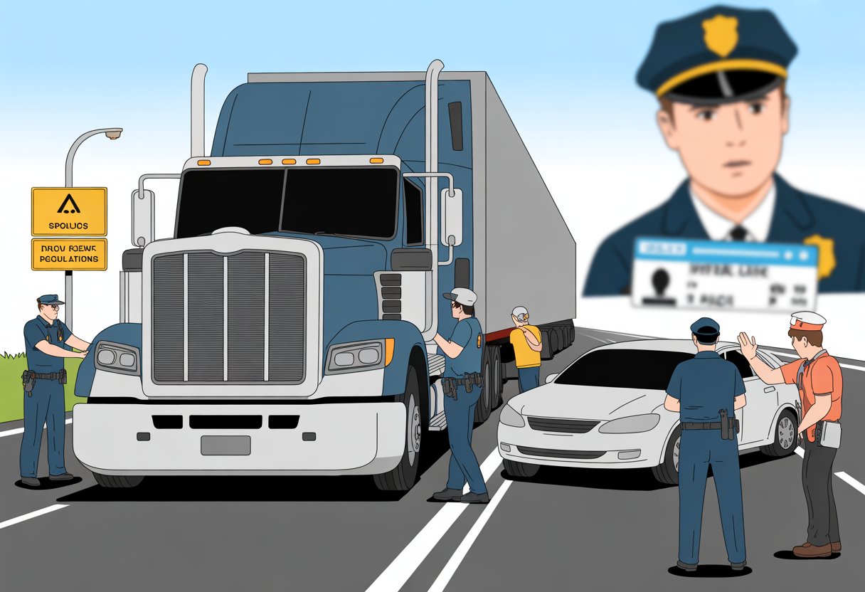 A damaged semi-truck and a smaller car after a highway accident with emergency responders attending the scene.