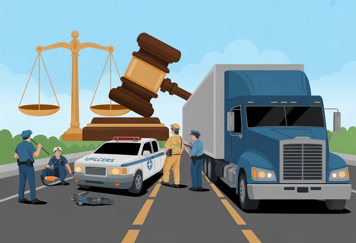 A highway truck accident scene with emergency responders and symbolic legal elements representing justice and accountability.