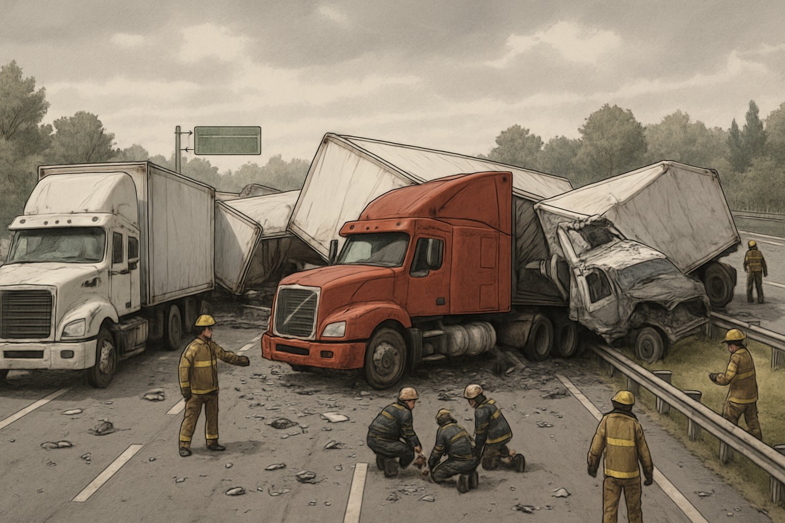 A highway scene showing several trucks involved in accidents with emergency responders assisting and debris scattered on the road.