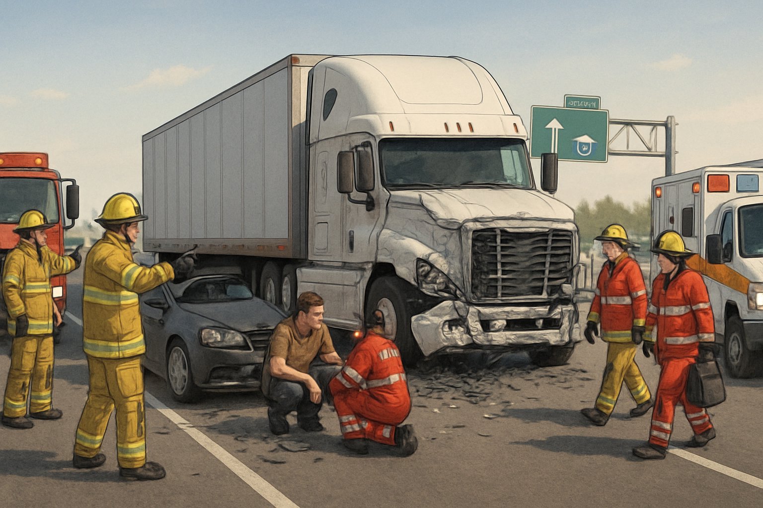 A highway scene showing a truck accident with emergency responders assisting and damaged vehicles on the road.