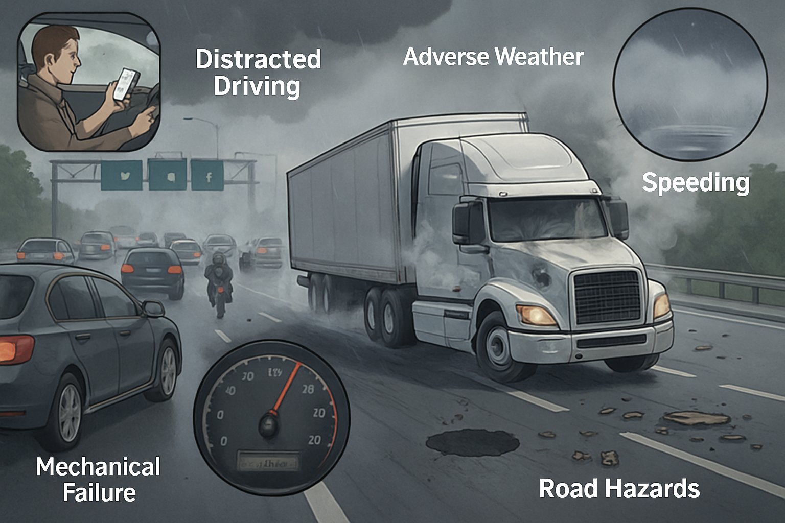 A highway scene showing a semi-truck swerving to avoid a collision with other vehicles, with rain and fog, road debris, and a driver distracted by a phone.